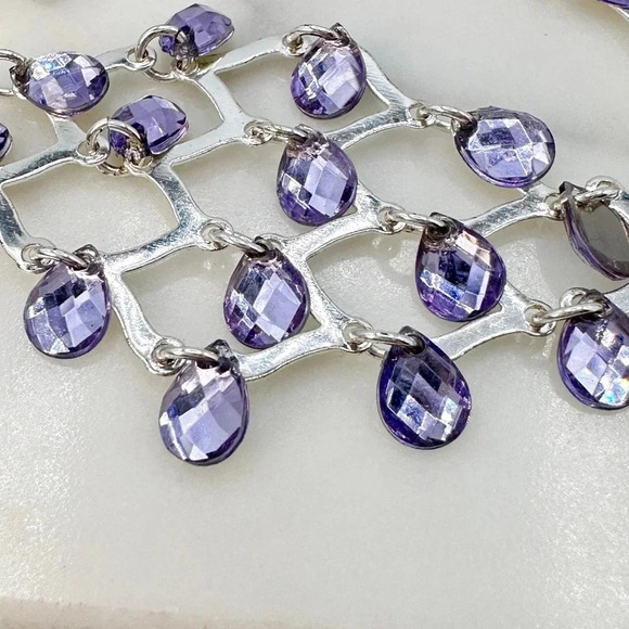 Chandelier Earrings Purple Dangle Gems Faceted Silver-tone Periwinkle 3”… - Picture 4 of 11